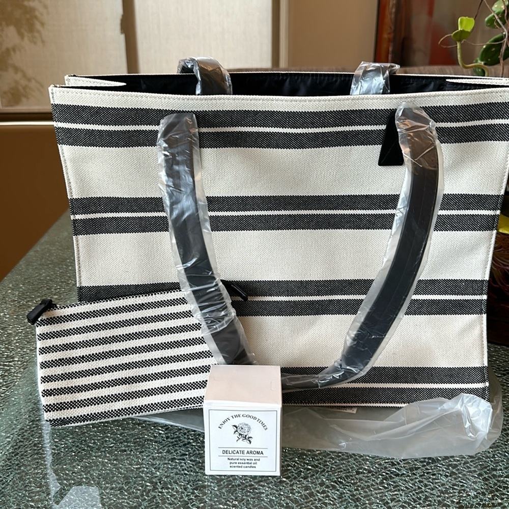 Large & Small Blue & Tan striped Bags from Saks with small candle. NWT